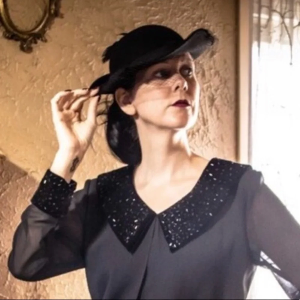 VTG Black Wool Victorian Hat Birdcage Dot Veil Bow - Picture 5 of 14